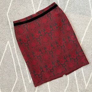 Talbots Red and Black Damask Pencil Skirt w/ Velvet Trim Detail